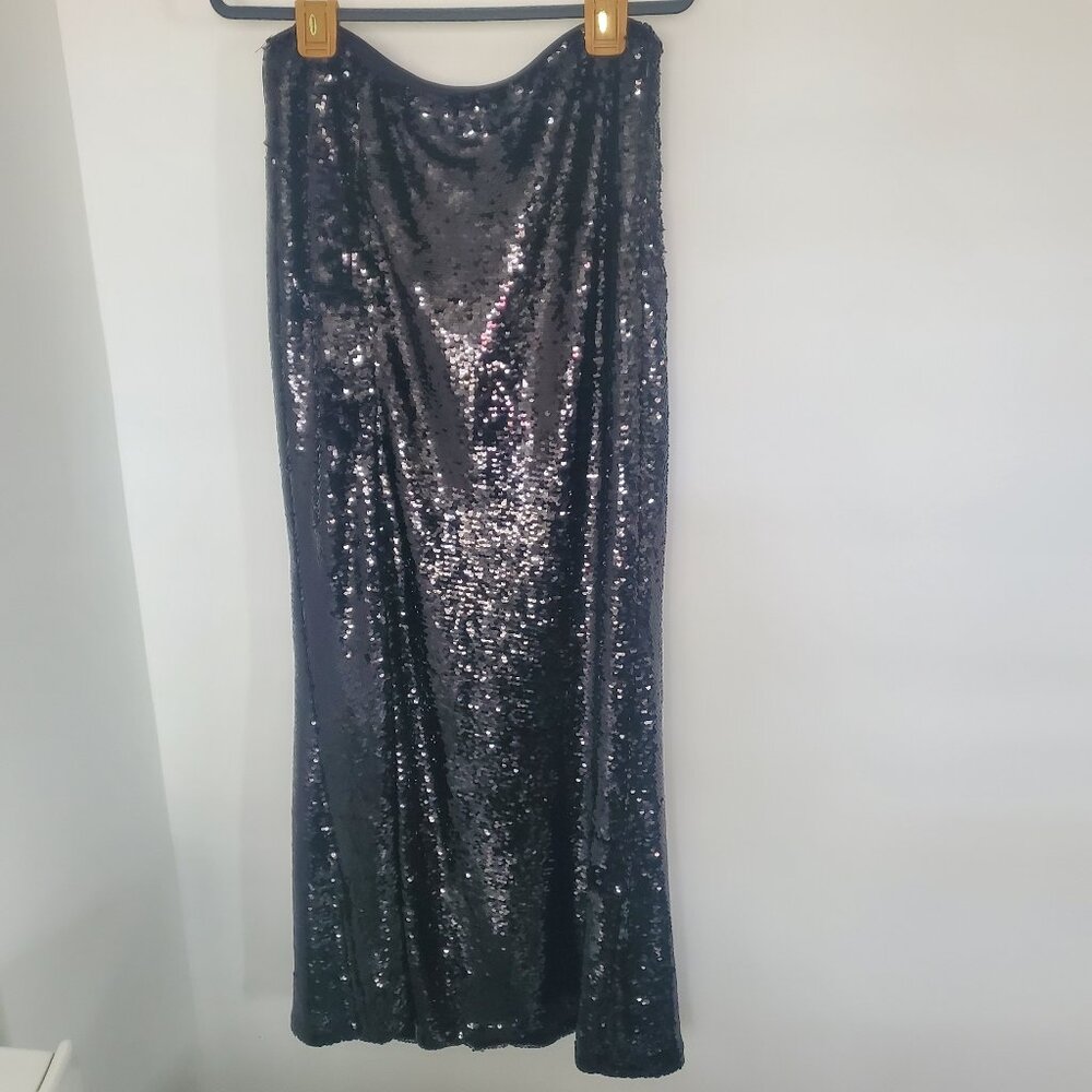 New Johnny Wujek Black Sequin Long Skirt with Full Length Two-Way Side Zipper XL